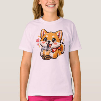 Schattige Anime Shiba Inu Drinkende Bubble Tea Kaw T-shirt