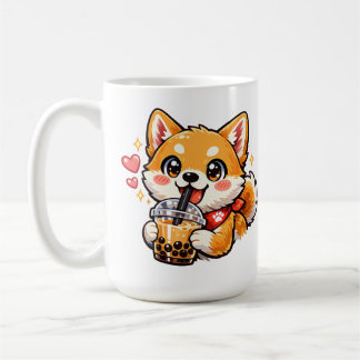 Schattige Anime Shiba Inu Drinkt Bubble Tea Kawaii Koffiemok