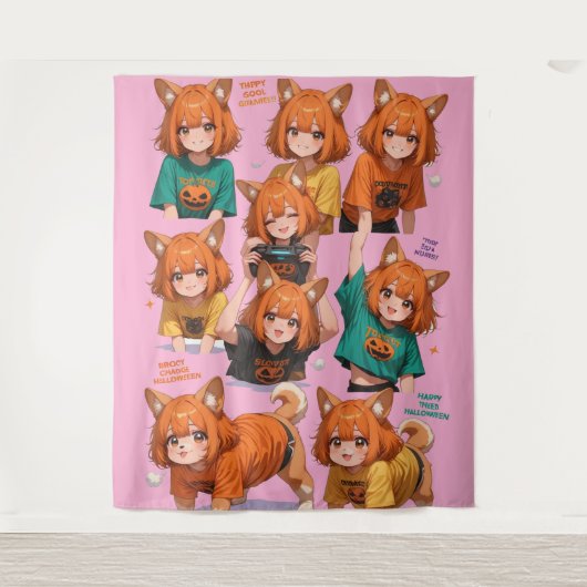 Schattige Anime Vos Meisjes Wandkleed (Voorkant)