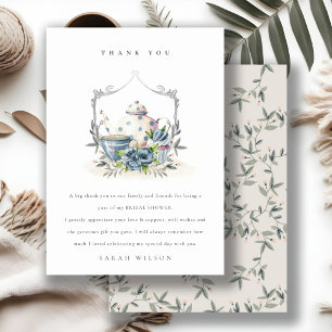 Schattige Aqua Blauwe Bloemige Theepot Crest Bruid Bedankkaart