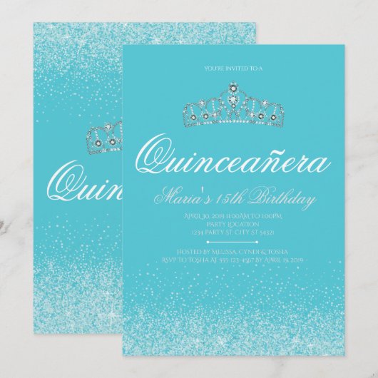 Schattige Aqua Glitter, Quinceanera Uitnodigingen (Voorkant / Achterkant)