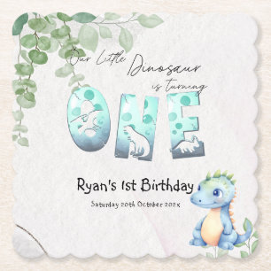 Schattige Aquarel Baby Dinosaurus 1e Verjaardag Kartonnen Onderzetters