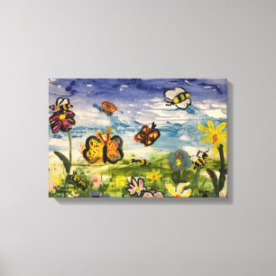Schattige Aquarel Blauwe en Groene Kinderkunst Canvas Afdruk