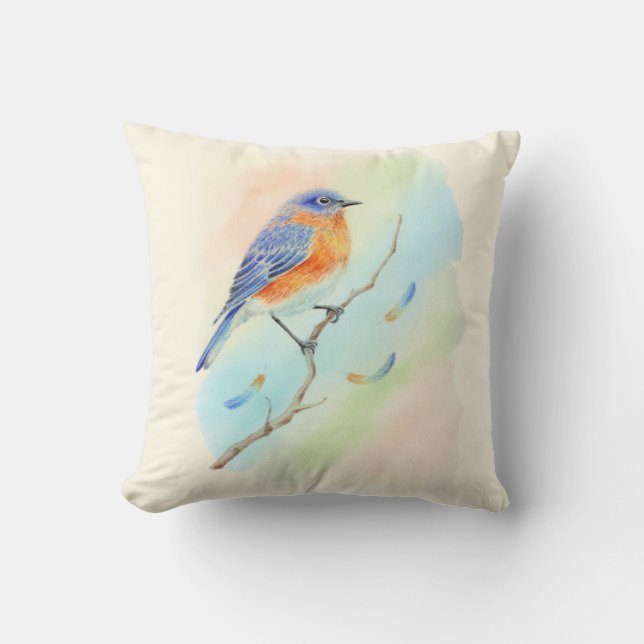 Schattige Aquarel Blauwe Vogel Kussen (Voorkant)