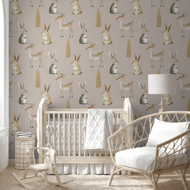Schattige Aquarel Bosdieren Boho Babykamer Behang (Kinderen)