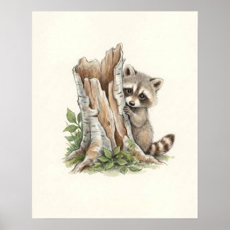Schattige Aquarel Glurende Wasbeer Bos Kunst Poster