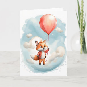 Schattige aquarel kleine vos grote rode ballon bla kaart