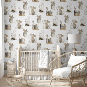 Schattige Aquarel Muizen Boho Neutrale Kinderkamer Behang