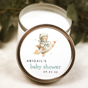 Schattige Aquarel Teddybeer Astronaut Baby Shower Ronde Sticker