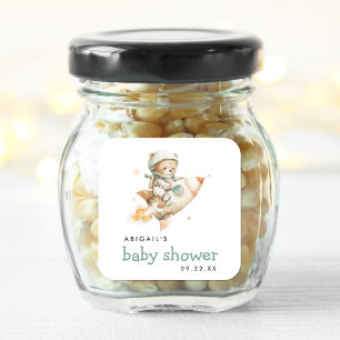 Schattige Aquarel Teddybeer Astronaut Baby Shower Vierkante Sticker