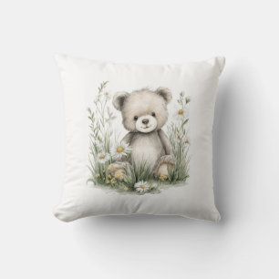 Schattige Aquarel Teddybeer met Wilde Bloemen Kussen