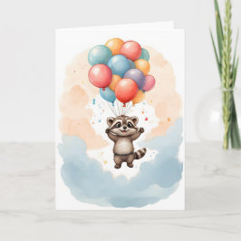 Schattige Aquarel Wasbeer Kleurrijke Ballonnen Bla Kaart
