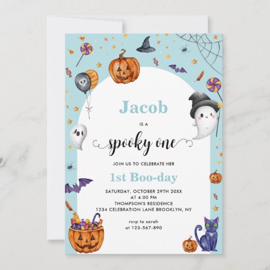 Schattige Arch Blue Spooky One 1e Halloween Verjaa Kaart (Voorkant)