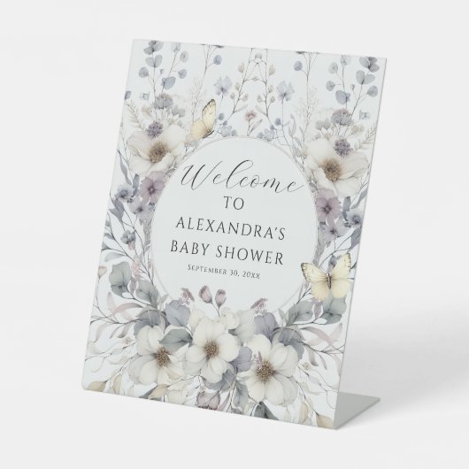 Schattige Art Nouveau Pastel Bloem Vlinder Baby Reclamebord Met Voetstuk (Voorkant)