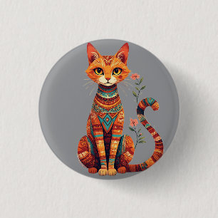 Schattige artistieke kat met bloemige tak ronde button 3,2 cm