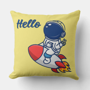 Schattige astronaut die op raket "Hallo" werpt kus Kussen