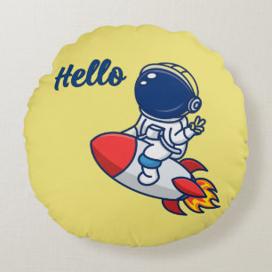 Schattige astronaut die op raket "Hallo" werpt kus Rond Kussen