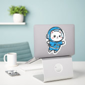 Schattige Astronaut Kat Kawaii Sticker 8x8 (Laptop op bureau)
