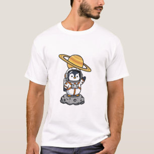 Schattige astronaut pinguïn die zwaait op asteroïd t-shirt