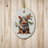 Schattige Aussie Rundvee Hond Kerstmis Holly Keramisch Ornament