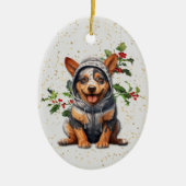 Schattige Aussie Rundvee Hond Kerstmis Holly Keramisch Ornament (Voorkant)