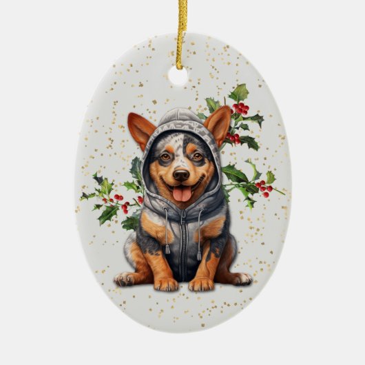Schattige Aussie Rundvee Hond Kerstmis Holly Keramisch Ornament (Voorkant)