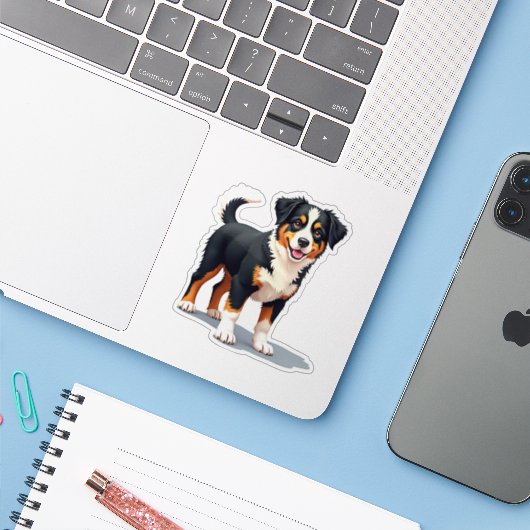 Schattige Australian Shepherd, Furry Whimsy, klein Sticker (Laptop met iPhone)