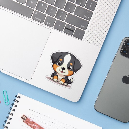 Schattige Australische Herder Puppy – Pastel Kunst Sticker (Laptop met iPhone)
