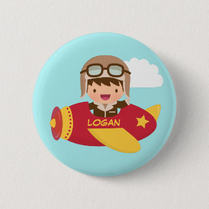 Schattige Aviator Jongen Vliegtuig Avontuur Voor K Ronde Button 5,7 Cm
