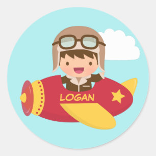 Schattige Aviator Jongen Vliegtuig Avontuur Voor K Ronde Sticker