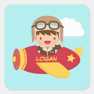 Schattige Aviator Jongen Vliegtuig Avontuur Voor K Vierkante Sticker