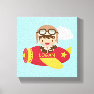 Schattige Aviator Jongen Vliegtuig Jongens Slaapka Canvas Afdruk