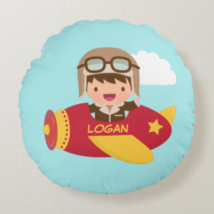 Schattige Aviator Jongen Vliegtuig Kinderkamer Dec Rond Kussen