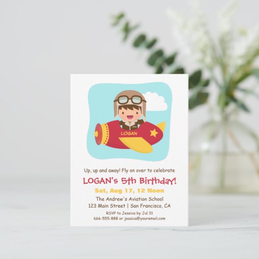 Schattige Aviator Jongen Vliegtuig Verjaardagsfees Kaart (Staand voorkant)