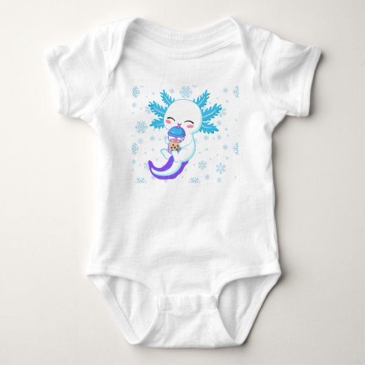 Schattige Axolotl Drinkt Boba | Winter Bubble Tea Romper (Voorkant)