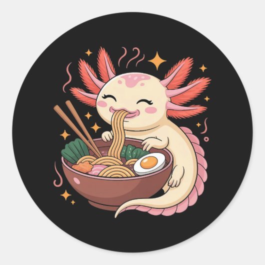 Schattige Axolotl Eet Ramennoedels Ronde Sticker (Voorkant)