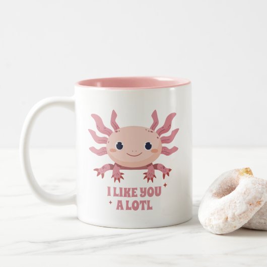Schattige Axolotl Grappig Pun Modern Dierenvriend Tweekleurige Koffiemok (Met donut)