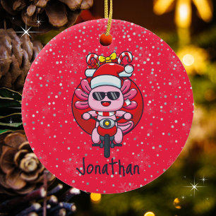 Schattige Axolotl Rijden een Motorcycle met Santa  Keramisch Ornament
