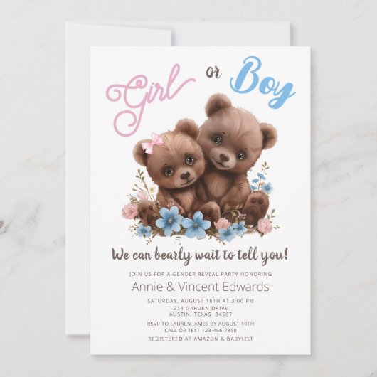 Schattige Baby Beer Cubs Geslacht Onthulling Party Kaart (Voorkant)