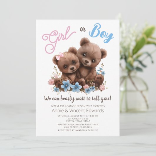 Schattige Baby Beer Cubs Geslacht Onthulling Party Kaart (Staand voorkant)