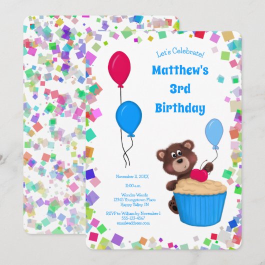 Schattige Baby Beer Cupcake Blue Balloon Verjaarda Kaart (Voorkant / Achterkant)