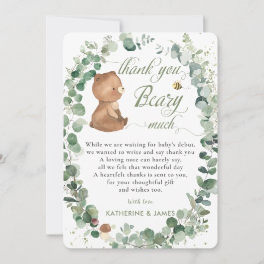 Schattige Baby Beer groen Gender Neutral Shower T Bedankkaart (Voorkant)