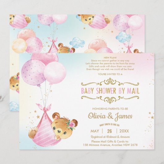 Schattige Baby Beer Meisje Virtueel Baby shower pe Kaart (Voorkant / Achterkant)