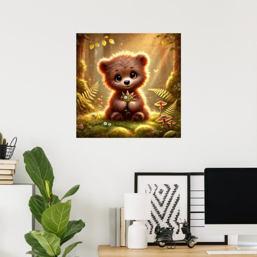 Schattige Baby-Beer met bloemen in betoverd bos | Poster (Thuiskantoor)