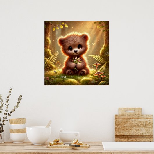 Schattige Baby-Beer met bloemen in betoverd bos | Poster (Keuken)