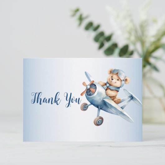 Schattige Baby Beer Pilot Blue Airplane Mooi Bedankkaart (Staand voorkant)