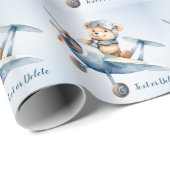 Schattige Baby Beer Pilot Blue Airplane Mooi Cadeaupapier (Rol Hoek)