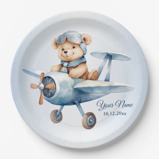 Schattige Baby Beer Pilot Blue Airplane Papieren Bordje (Voorkant)
