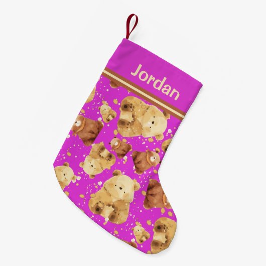 Schattige Baby Beer Roze Naam toevoegen Kleine Kerstsok (Voorkant (Hangend))