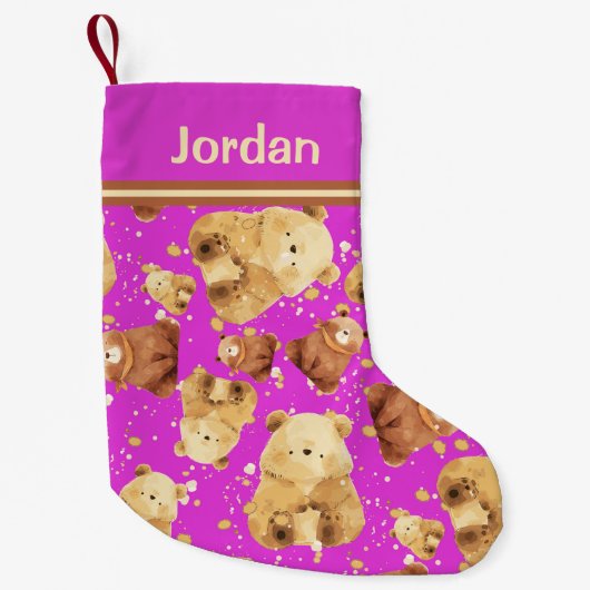 Schattige Baby Beer Roze Naam toevoegen Kleine Kerstsok (Voorkant)